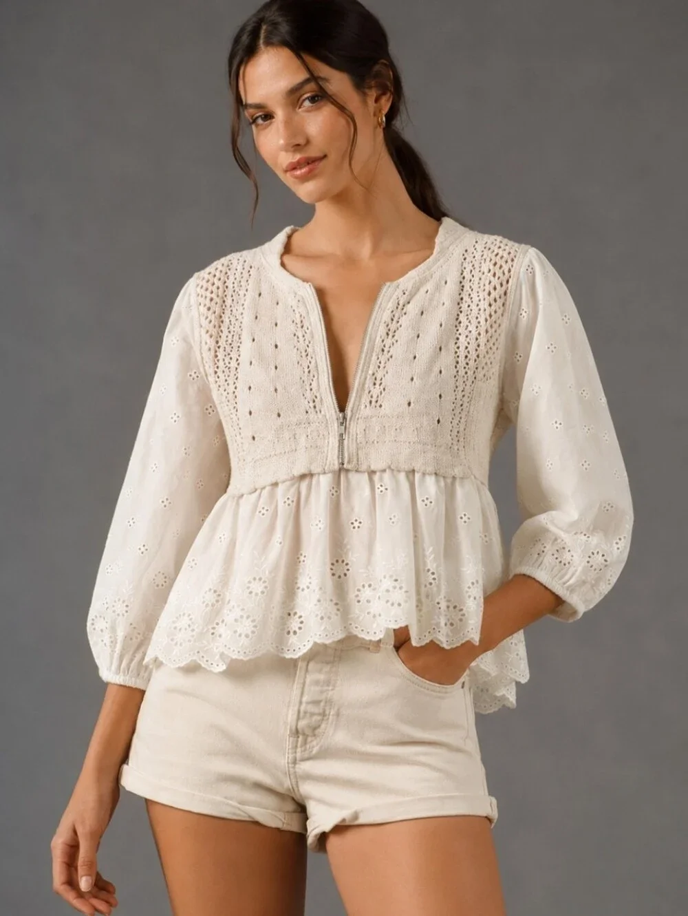 Anthropologie Half-Zip Sweater Vest Eyelet Knit  Blouse Cream Sz XLarge NWT$148